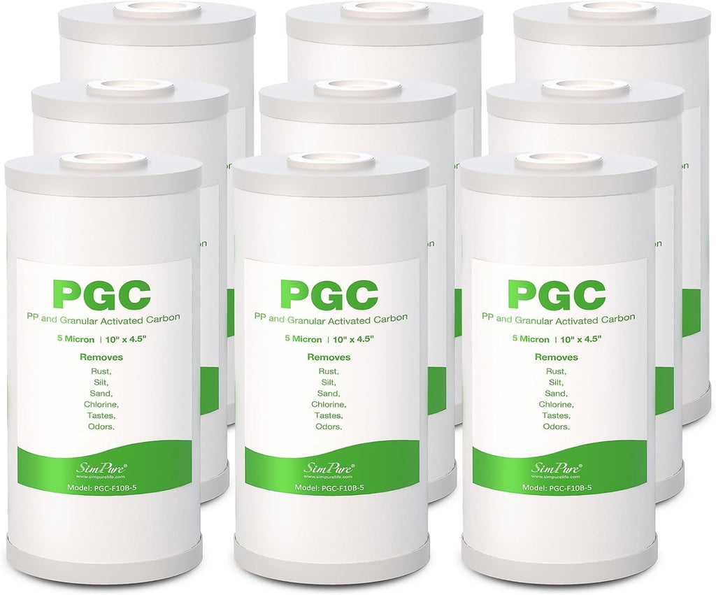 SimPure 5 Micron 10' x 4.5' Sediment and Carbon Whole House Water Filters, PGC Replacement Cartridge for GE FXHTC, GXWH40L, RFC-BB / 155141-43, WRC25HD, WDGD-5005, W10-PR, W15-PR, 9 Pack