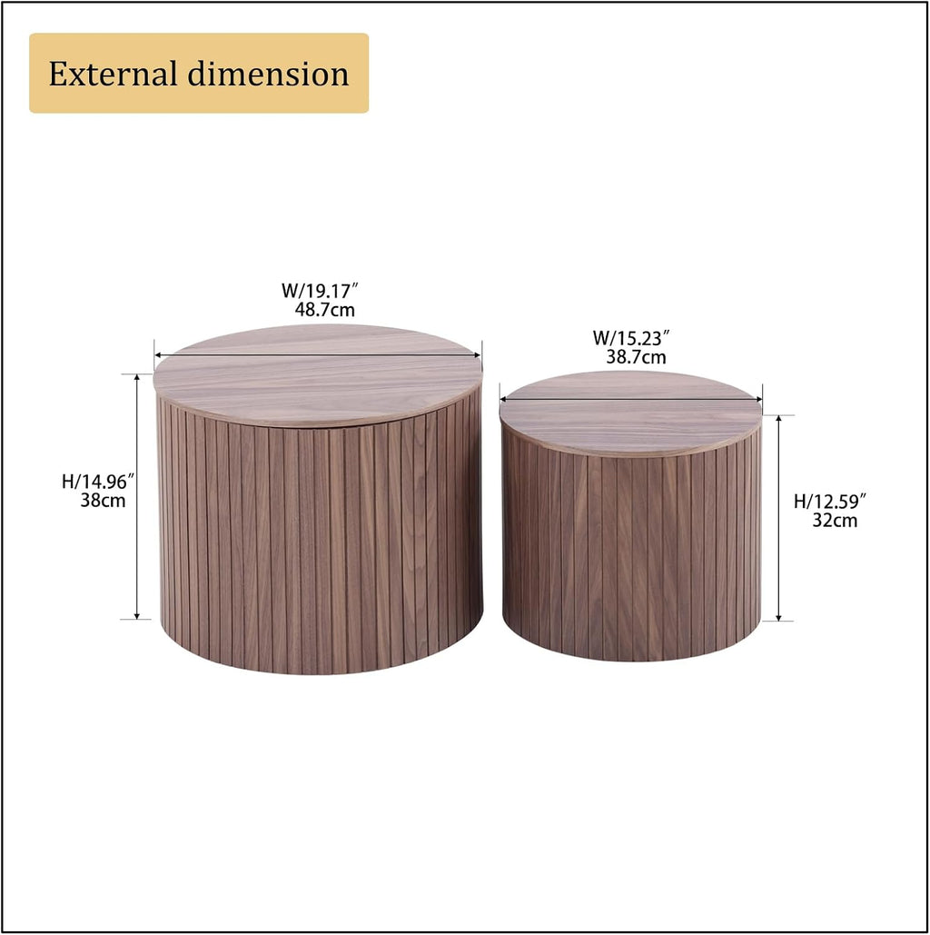 MEETAKING 19Inch Nesting Coffee Table Set of 2,Modern Round Wooden Coffee Tables,Plenty of Storage Space, Natural Wood Veneer,for Small Space Living Room Apartment