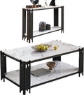 White Marble Coffee Table Set of 2 - Faux Marble Coffee and Console Tables With Chrome Metal I-Base, Luxury 2 Piece Living Room Set for Bedroom Home Office