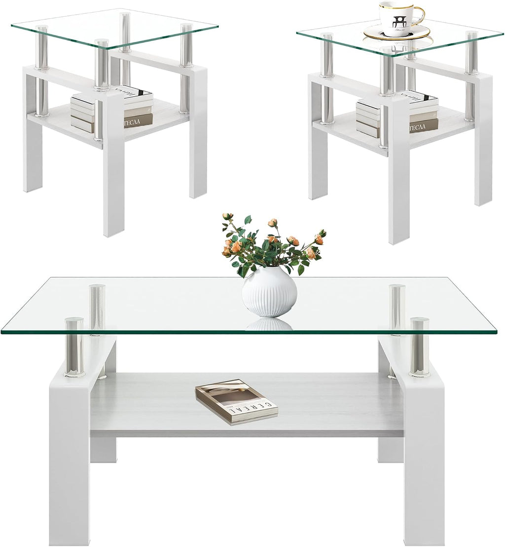 White Glass Coffee Table Sets of 3 for Living Room, Mordern End Table Sofa Side Tables, Metal Leg and Wood Storage 2 Tier, Rectangle