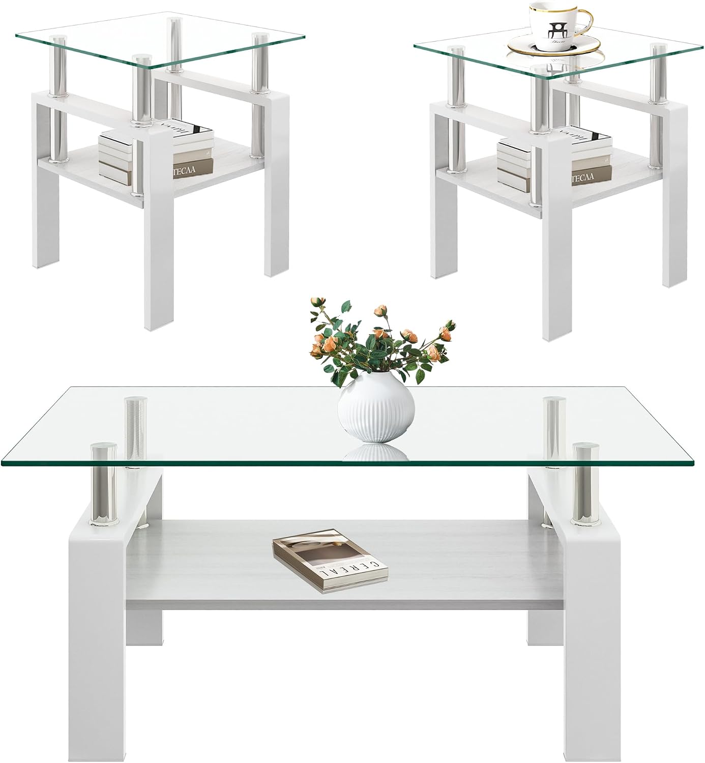 White Glass Coffee Table Sets of 3 for Living Room, Mordern End Table Sofa Side Tables, Metal Leg and Wood Storage 2 Tier, Rectangle