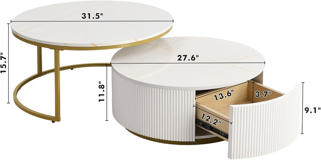 Lift-Top Nesting Coffee Table Set of 2, Modern Round Coffee Table with Drawer, Circular Wood Center Table Set for Living Room, Apartment, 31.5' White & Gold