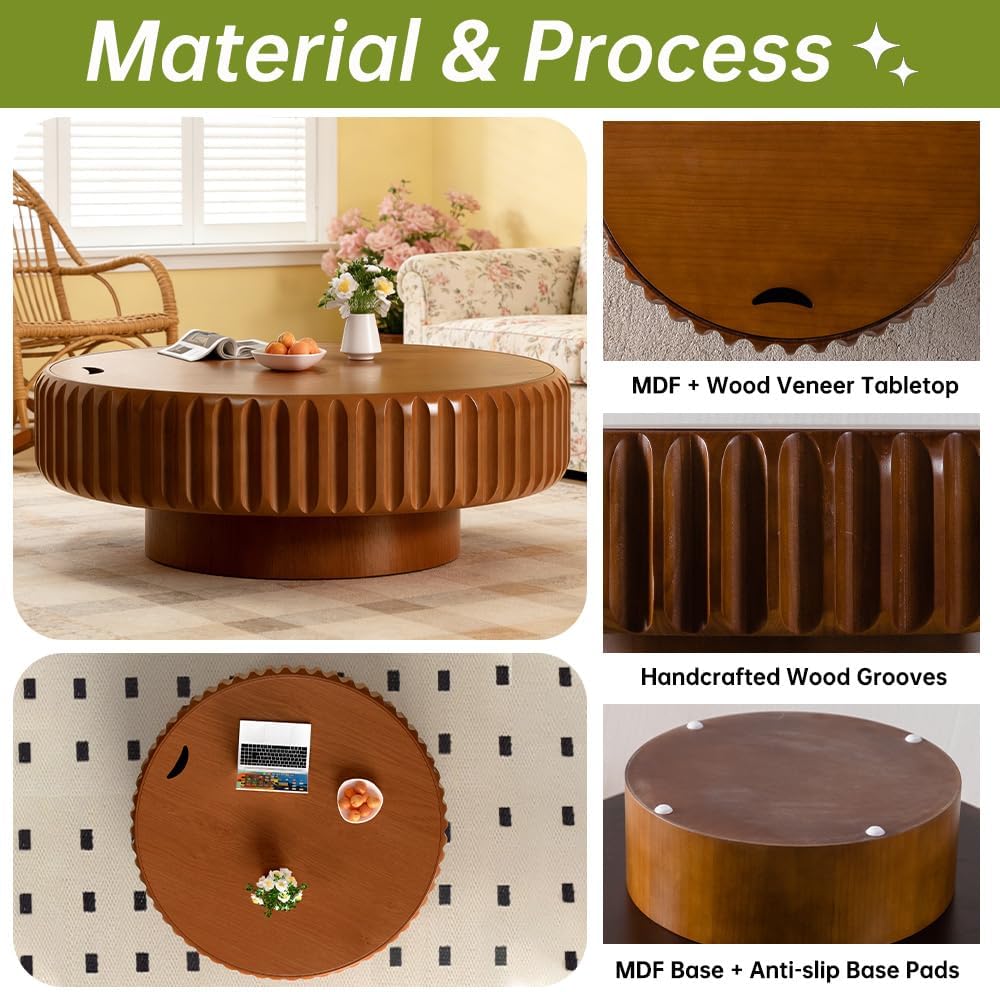 Round Wood Fluted Coffee Table with Storage, 39' Round Fluted Coffee Table with Flip-Top Lid Mid Century Modern Low Circle Drum Coffee Tables for Living Room (Brown, 39 inch)