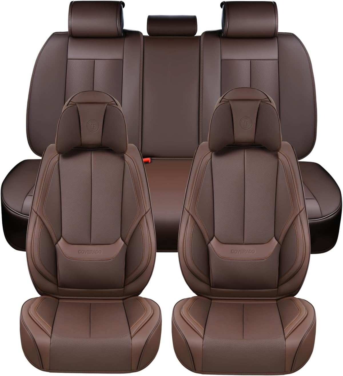 Coverado Front and Back Seat Covers 5 Pieces, Waterproof Nappa Leather Auto Seat Protectors Full Set with Head Pillow, Universal Car Accessories Fit for Most Sedans SUV Pick-up Truck, Brown