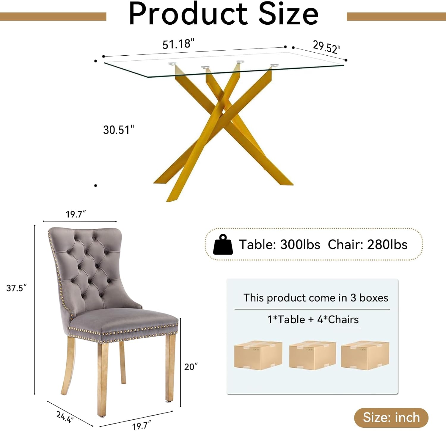 51' Modern Dining Table Set for 4, Rectangular Tempered Glass Dining Table and 4 Grey Velvet Dining Chairs, Luxury 5 Piece Kitchen Dining Room Tables Set with Gold Chrome Metal X-Base