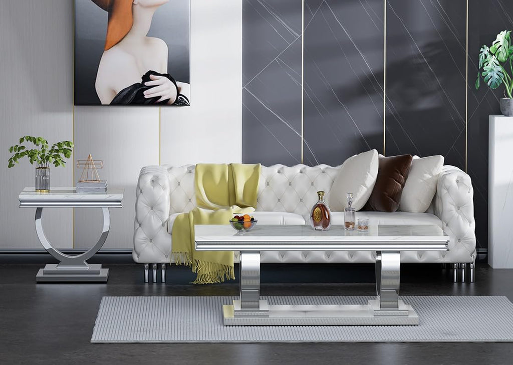 3 Pieces Coffee Table Set, Faux Marble Living Room Table Set of 3, Modern Coffee Table and 2 End Tables with O-Shaped Stainless Steel Base for Living Room Office (White Silver)
