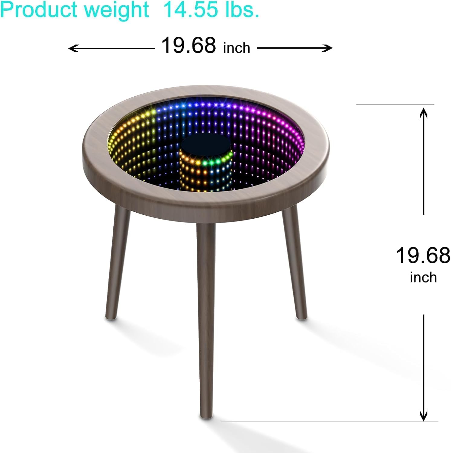 HANYEE Small Circle Coffee Table, Infinity Mirror Table, Small Round Side Table, for Home Living Room, Office,Tempered Glass Surface with RGB LED Lighting Smart Control, Office and Bedroom-Grey