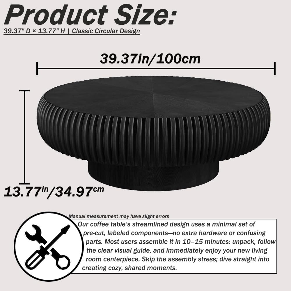 Round Coffee Table for Living Room Modern Solid Wood Fluted Design Coffee Tables with Sturdy Pedestal for Small Space Circle Center Table Accent Tea Table for Apartment, Easy Assemble (Black, 39.4)