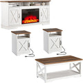 AMERLIFE 5-Piece Farmhouse Table Set Include 63' TV Stand with 26' Fireplace, 40' Coffee Table, 2 End Tables with Charging Station & USB Ports, Living Room Table Sets with Barn Door, Rustic Oak&White
