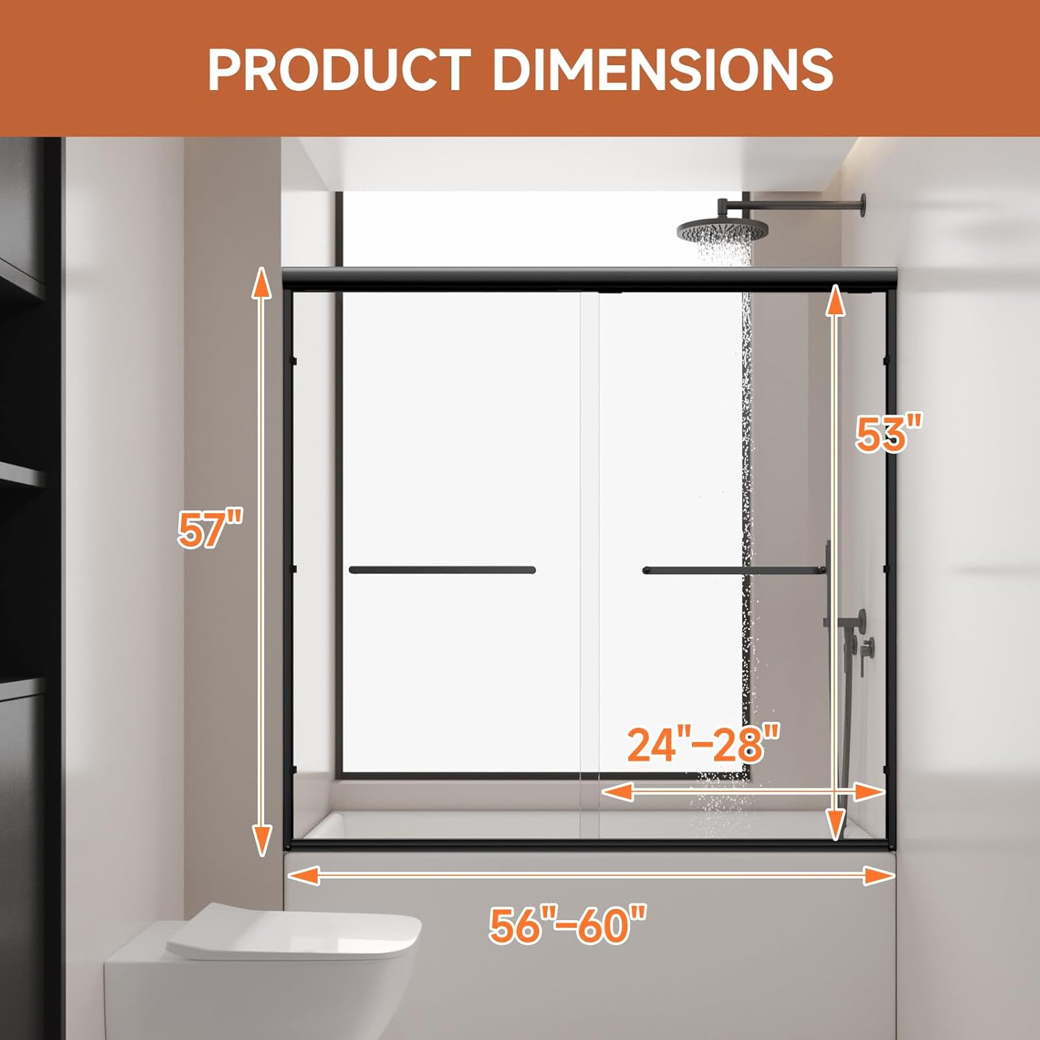 Bathtub Shower Door, 50-60' W x 57' H Shower Glass Door, Semi-Frameless Double Sliding Bathroom Tub Shower Door with 1/4 inch Clear Tempered Glass, Matte Black