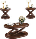 LKTART Living Room Coffee Table Set of 3, Oval Wood Coffee Table and Round End Tables Set of 2, Vintage Antique Coffee Table Sets with X-Shape Support,Walnut
