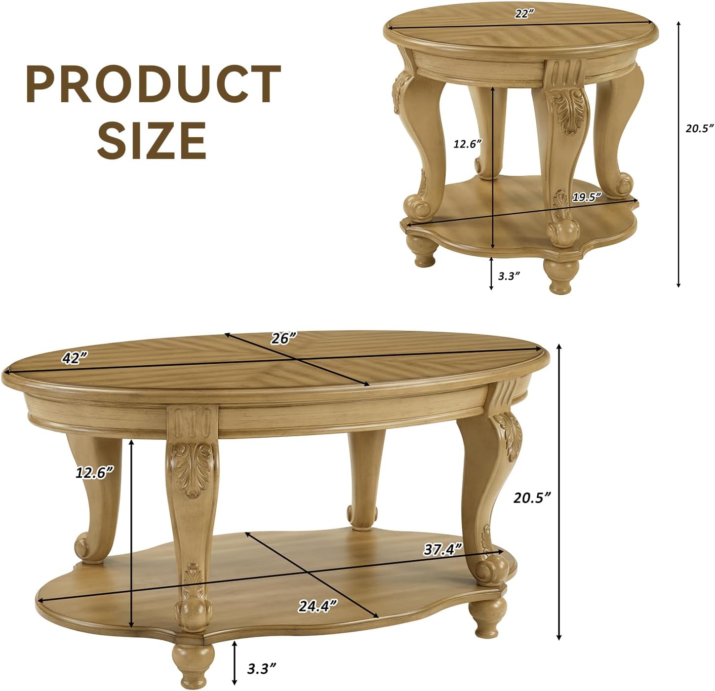 LKTART 3-Piece Coffee Table Set, Coffee Table and Round End Tables Set of 2, Victorian Living Room Coffee Table Sets, Antique Natural