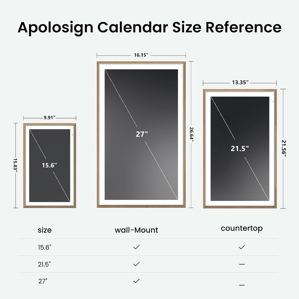 Apolosign 15.6-inch Digital Family Calendar, No Subscription Fee, Smart Wall Planner with Calendar Sync, Chore Chart & Touchscreen Display for Busy Families, Dual Mode, with Stand (Teak)