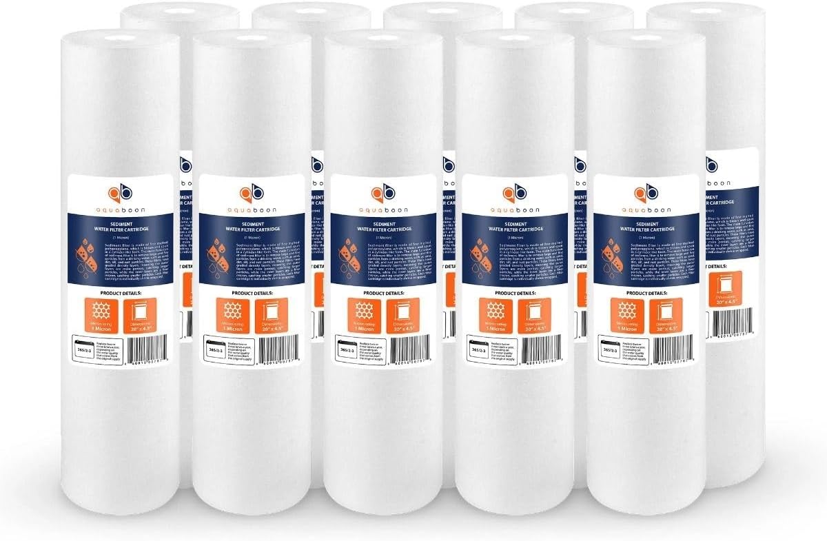 Aquaboon 1 Micron 20 x 4.5 Sediment Water Filter Replacement Cartridge | Whole House Sediment Filtration | Compatible with AP810-2, AP810-6, SDC-45-2005, FPMB5-20, P5-20, FP25B, 155358-43, 10 Pack