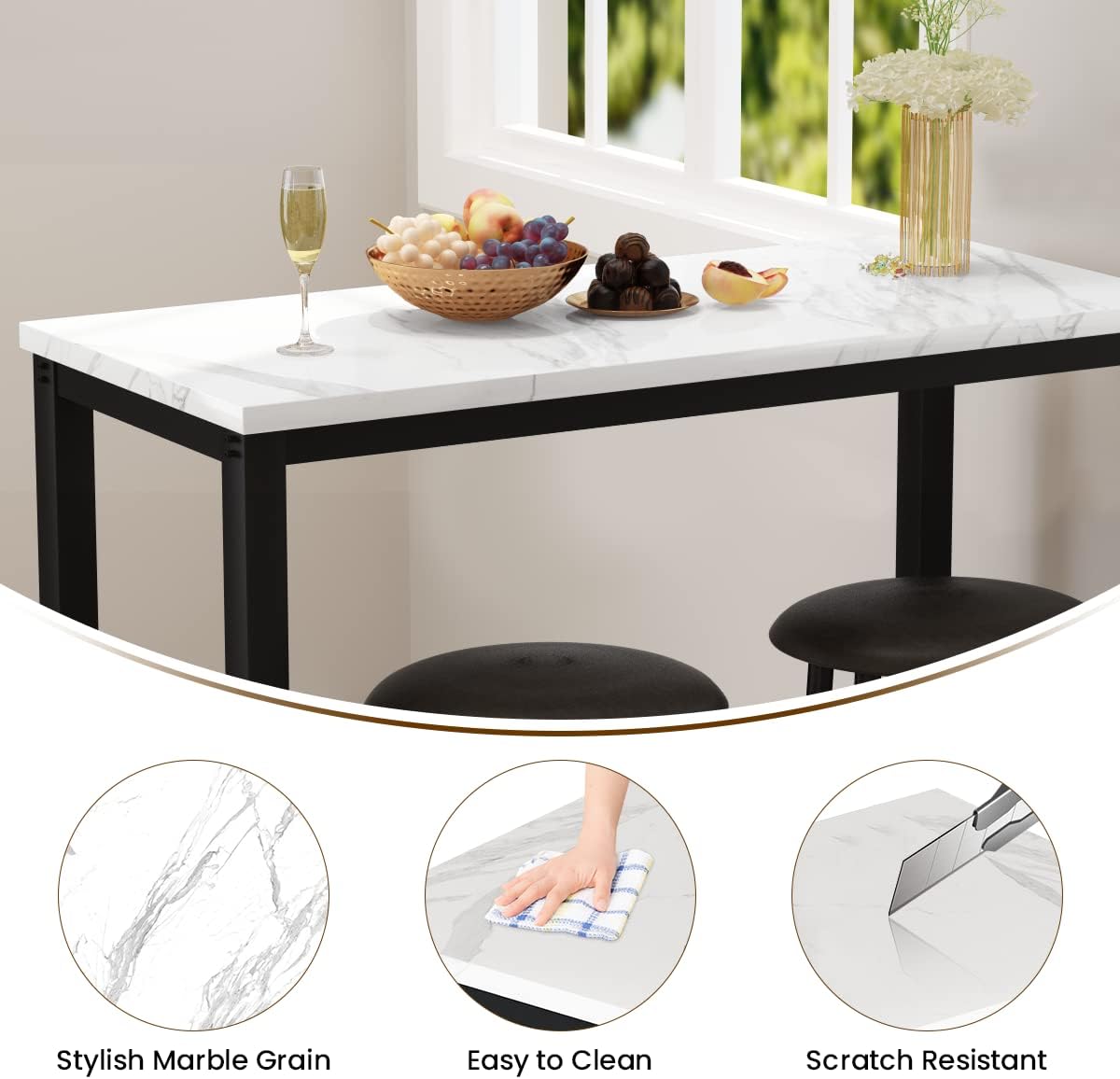 AWQM 39.3' Bar Table Set of 2,Faux Marble Pub Height Table and Chairs Set of 2 with Upholstered Stools,3 Piece Bar Table and Chairs Set Dining Table Set for Living Room,Kitchen,Bar,White & Brown