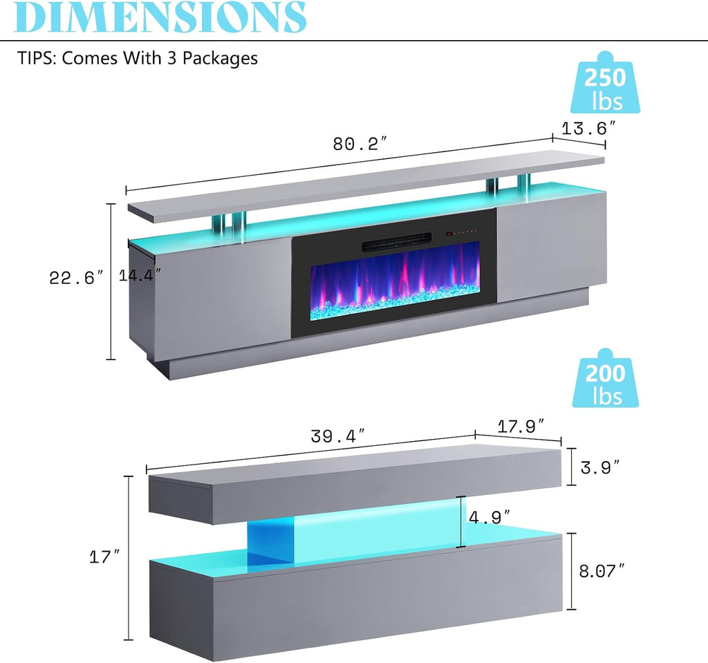 AMERLIFE 3 Piece Modern Living Room Table Set, Includes 80' High Gloss Fireplace TV Stand, 2-Tier Coffee Table, LED Lights Entertainment Center Set for Living Room, Grey