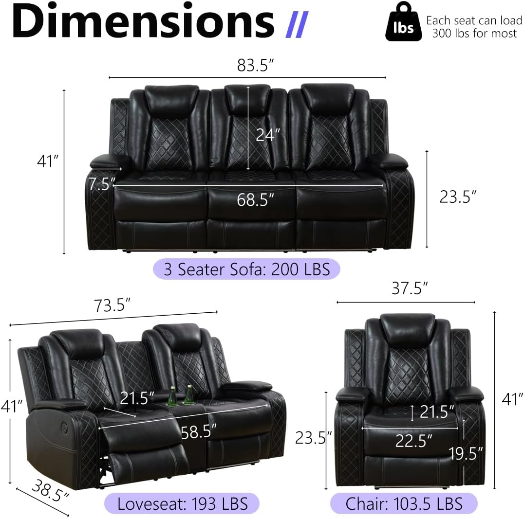 Black Power Recliner Sofa Couch with LED Light, 3-Seat Air Leather Reclining Couch, Luxury Recliner Furniture for Living Room with Coffee Table/Read Light/Home Theater Seat (3 Seater)