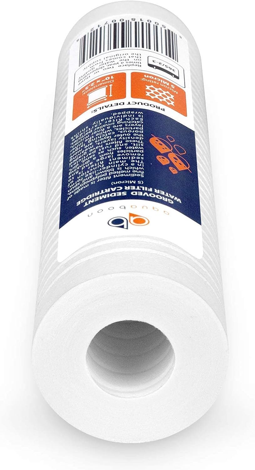 Aquaboon 5 Micron 10 x 2.5 Grooved Sediment Water Filter Replacement for Whole House Filter Cartridge Compatible with AP110, WHKF-GD05, CFS110, 50-Pack