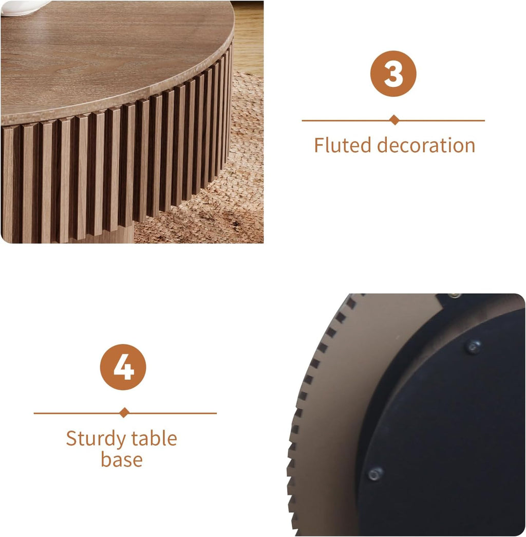 31.5'' Round Coffee Table for Living Room, Fluted Coffee Table with Hidden Storage, Solid Wood Veneered Circle Table, Modern Tea Table for Small Space Apartment (Walnut-31.5''D×14''H)