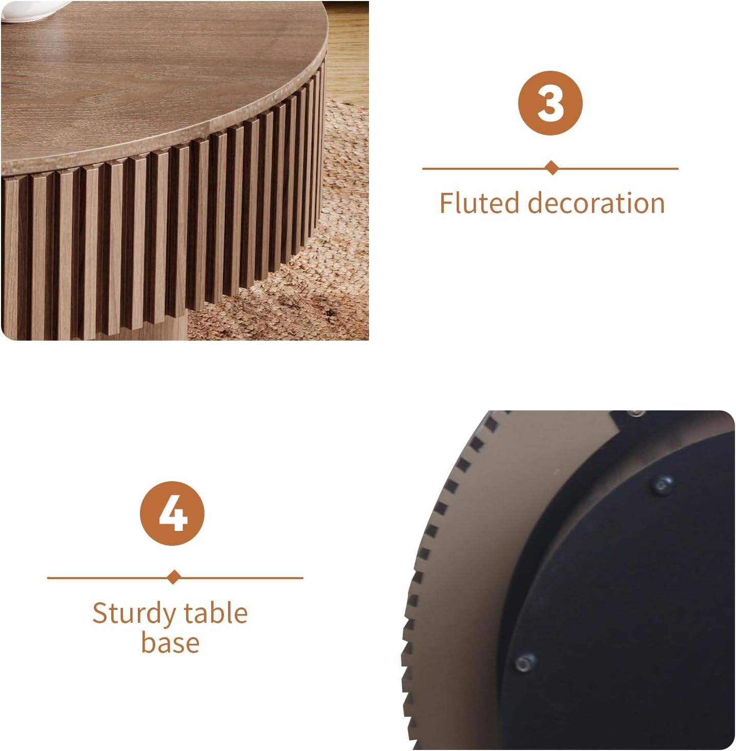 31.5'' Round Coffee Table for Living Room, Fluted Coffee Table with Hidden Storage, Solid Wood Veneered Circle Table, Modern Tea Table for Small Space Apartment (Walnut-31.5''D×14''H)