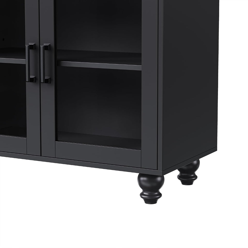 Ball & Cast Farmhouse TV Stand with Tempered Glass Doors for TVs up to 70',Sideboard Buffet w/5 Solid Wood Gourd-Shaped Legs & Adjustable Shelf,Entertainment Center for Living Room,Black+Natural
