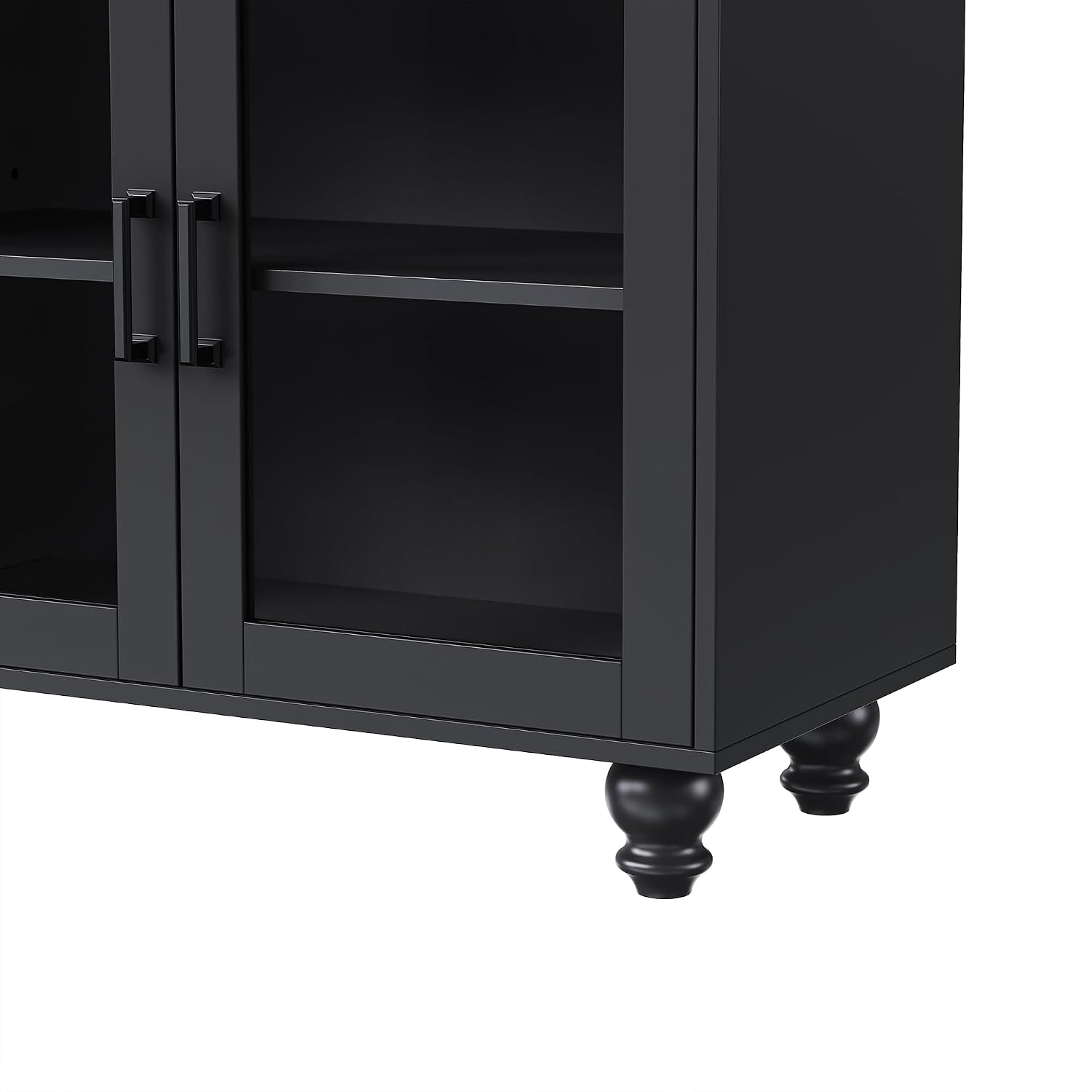 Ball & Cast Farmhouse TV Stand with Tempered Glass Doors for TVs up to 70',Sideboard Buffet w/5 Solid Wood Gourd-Shaped Legs & Adjustable Shelf,Entertainment Center for Living Room,Black+Natural