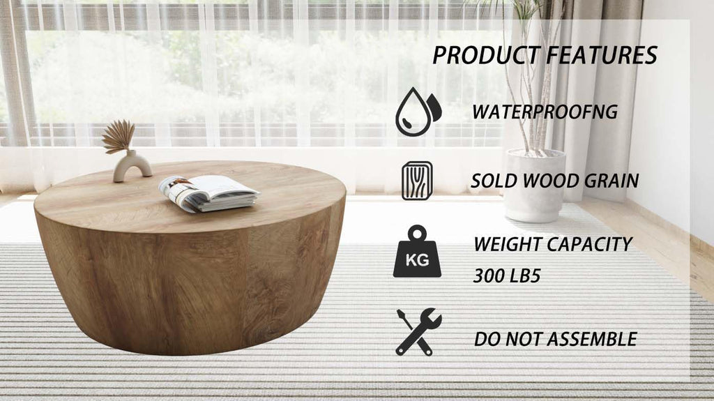 Rustic Drum Coffee Table for Living Room Round Center Table Modern Drum-Shape Wooden Cocktail Table for Home Office - Fully Assembled