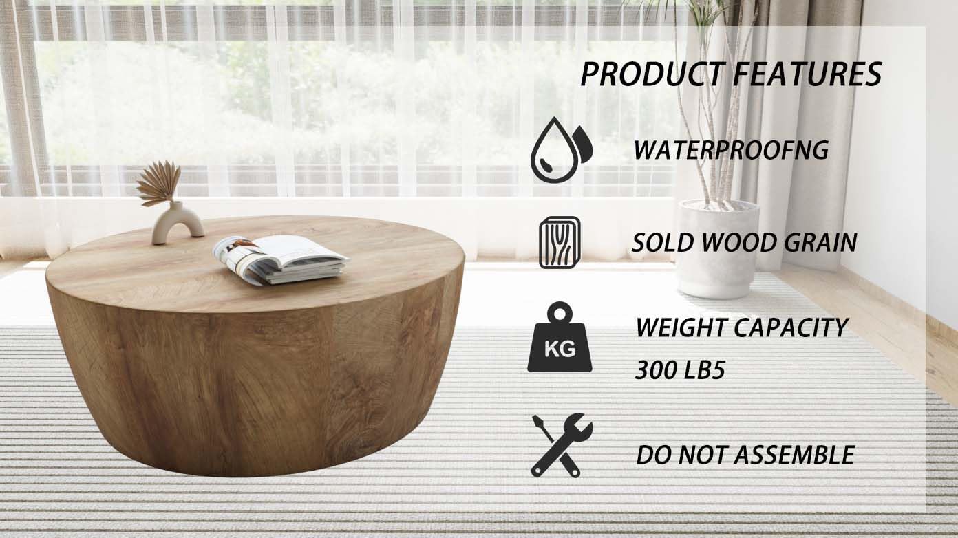 Rustic Drum Coffee Table for Living Room Round Center Table Modern Drum-Shape Wooden Cocktail Table for Home Office - Fully Assembled
