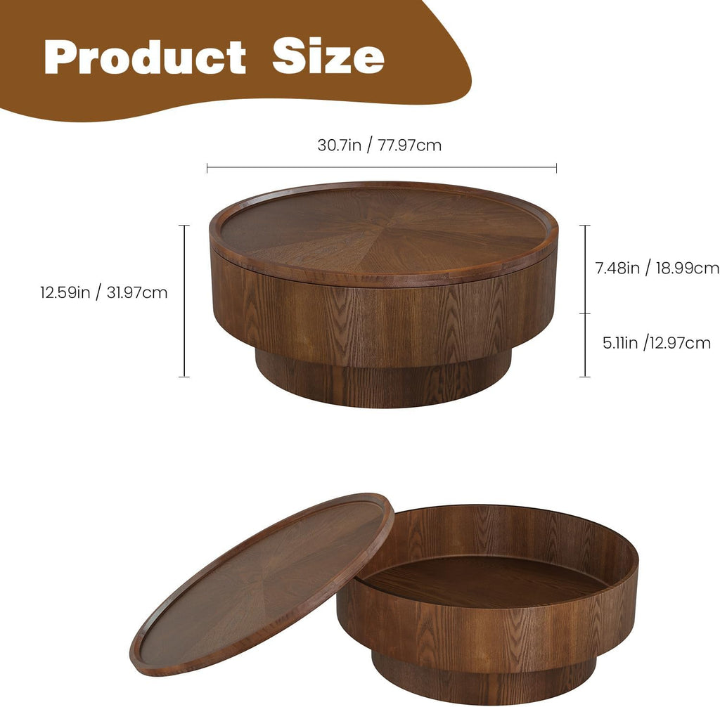 Round Drum Coffee Table White Fluted Coffee Table Circle Center Table Pedestal End Table for Apartment (Brown Round)