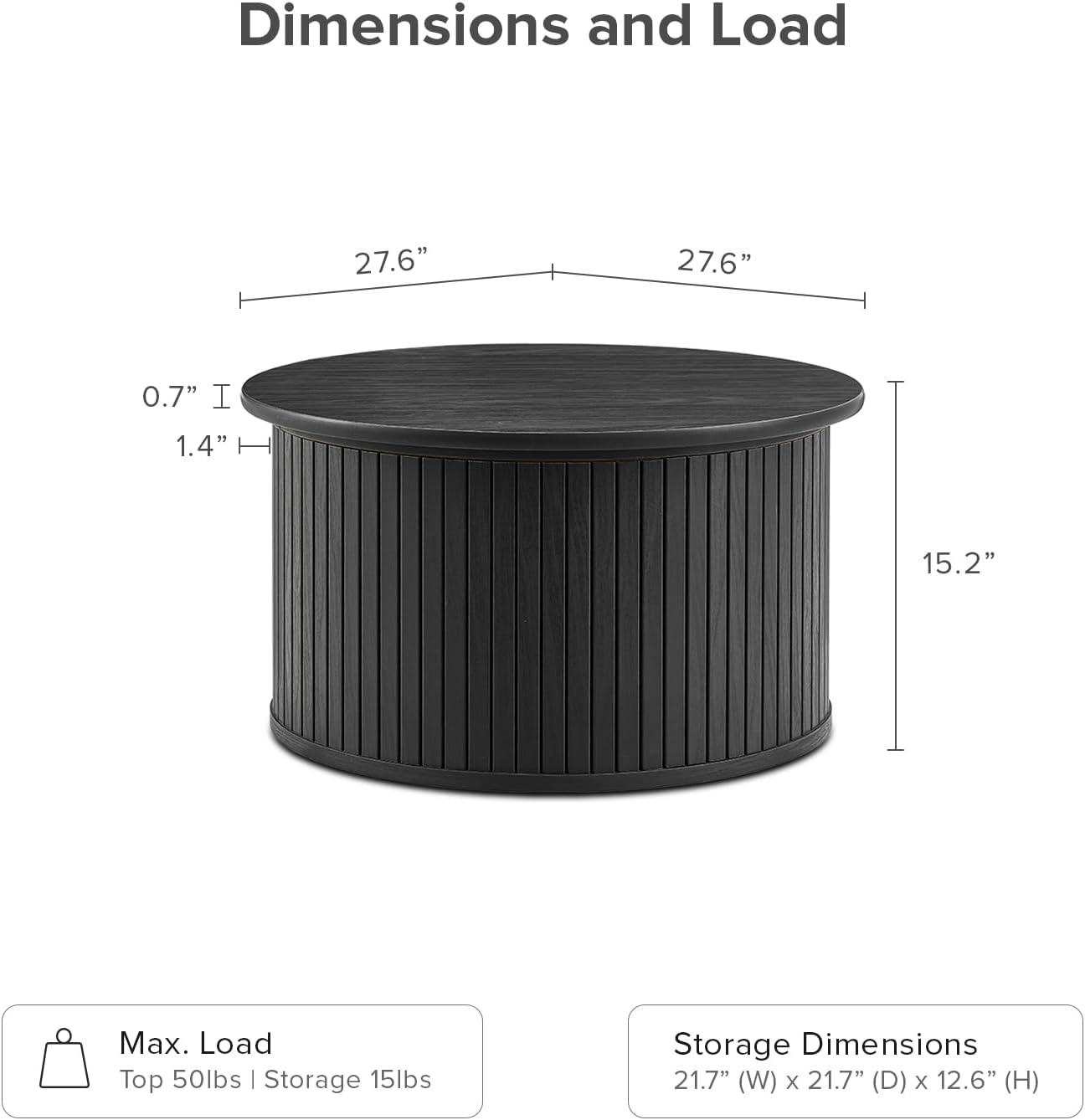 mopio Quin Tambour Round Circle Coffee Table with Storage, Drum Accent, Mid Century Modern, Wood, Fluted Center, Tea Table with Removable Lid, Living Room (Black Oak)