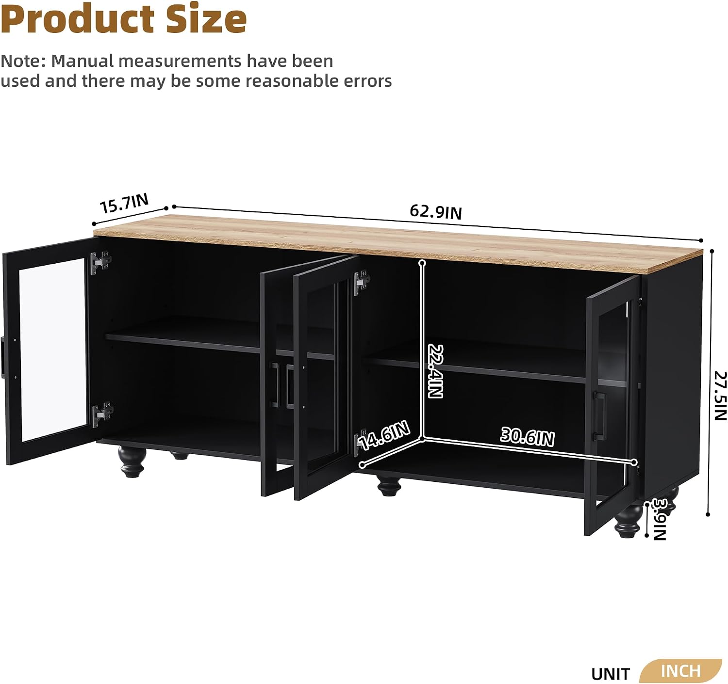 Ball & Cast Farmhouse TV Stand with Tempered Glass Doors for TVs up to 70',Sideboard Buffet w/5 Solid Wood Gourd-Shaped Legs & Adjustable Shelf,Entertainment Center for Living Room,Black+Natural