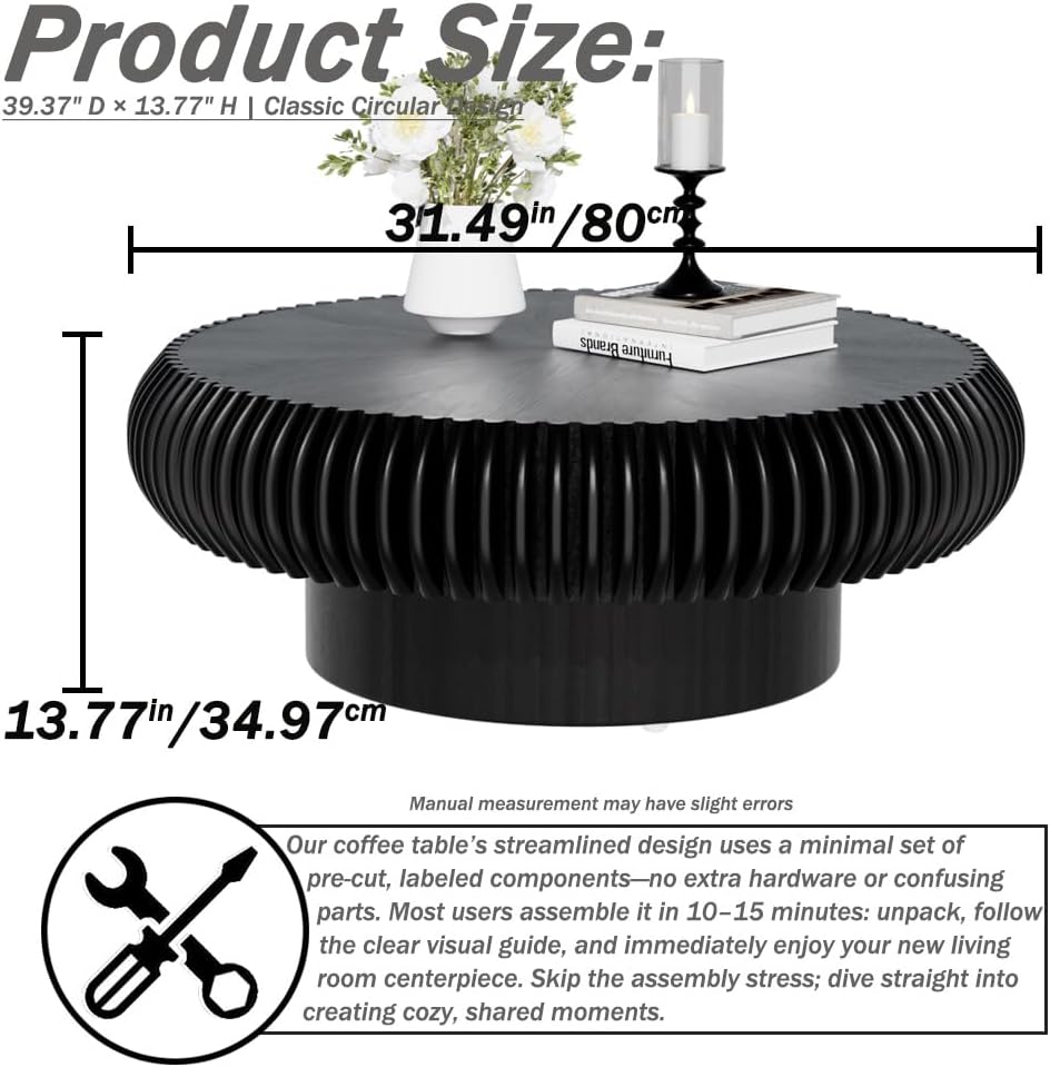 Round Coffee Table for Living Room Modern Solid Wood Fluted Design Coffee Tables with Sturdy Pedestal for Small Space Circle Center Table Accent Tea Table for Apartment, Easy Assemble (Black, 31.4)