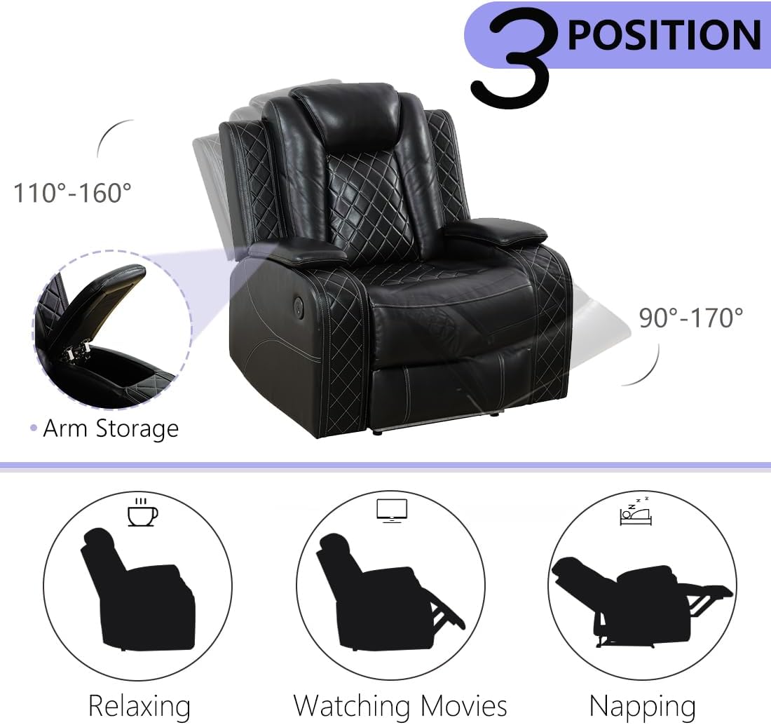 Black Leather Power Recliner Sofa Set, 2 Piece Reclining Sofa and Loveseat Set, Luxury Reclining Loveseat Couch Recliner Sets with Coffee Table, Living Room Furniture for House/Home Theater