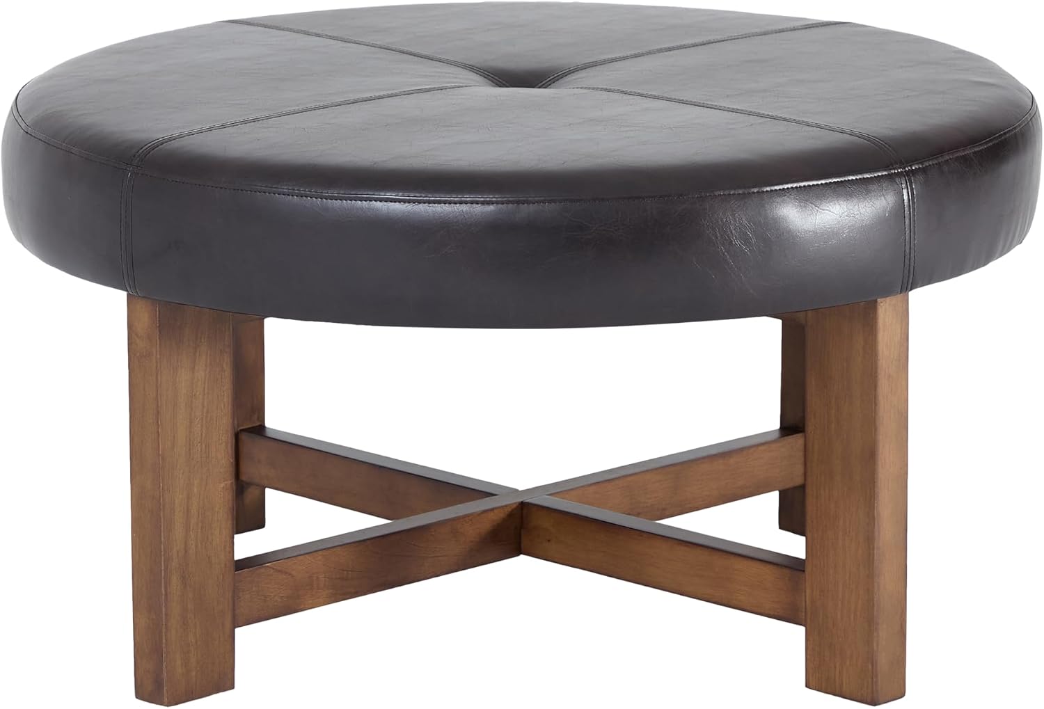 Christopher Knight Home Ladin Modern Round Ottoman Coffee Table, Faux Leather Cocktail Ottoman for Living Room Sofa, Entryway Comfortable Footstool, Wooden Ottoman Foot Rest, Dark Brown+Walnut