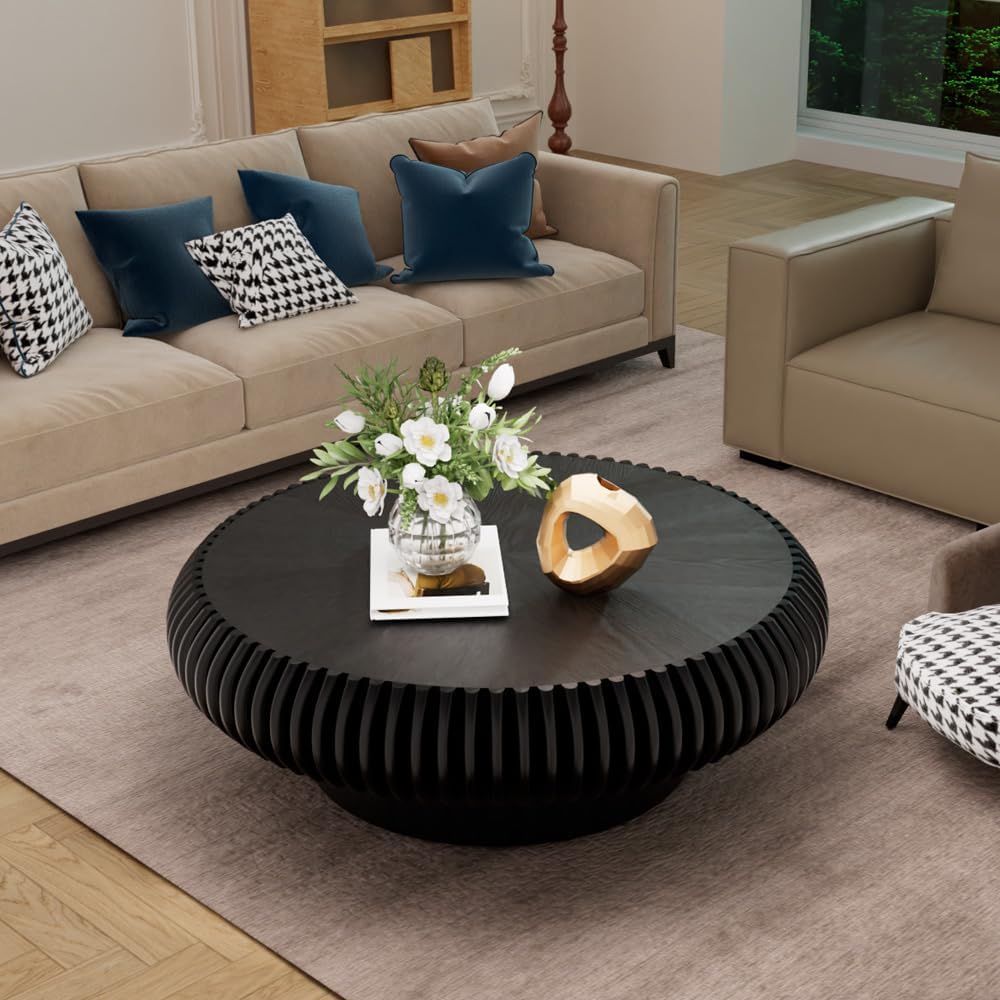 Round Coffee Table for Living Room Modern Solid Wood Fluted Design Coffee Tables with Sturdy Pedestal for Small Space Circle Center Table Accent Tea Table for Apartment, Easy Assemble (Black, 39.4)