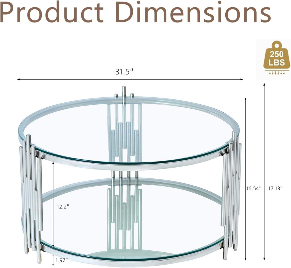 31.5' Round Glass Coffee Table 2-Tier Clear Storage Coffee Table with Silver Irregular Stainless Steel Leg, Modern Circle Glass Tea Center Tables for Living Room Home Apartment Office