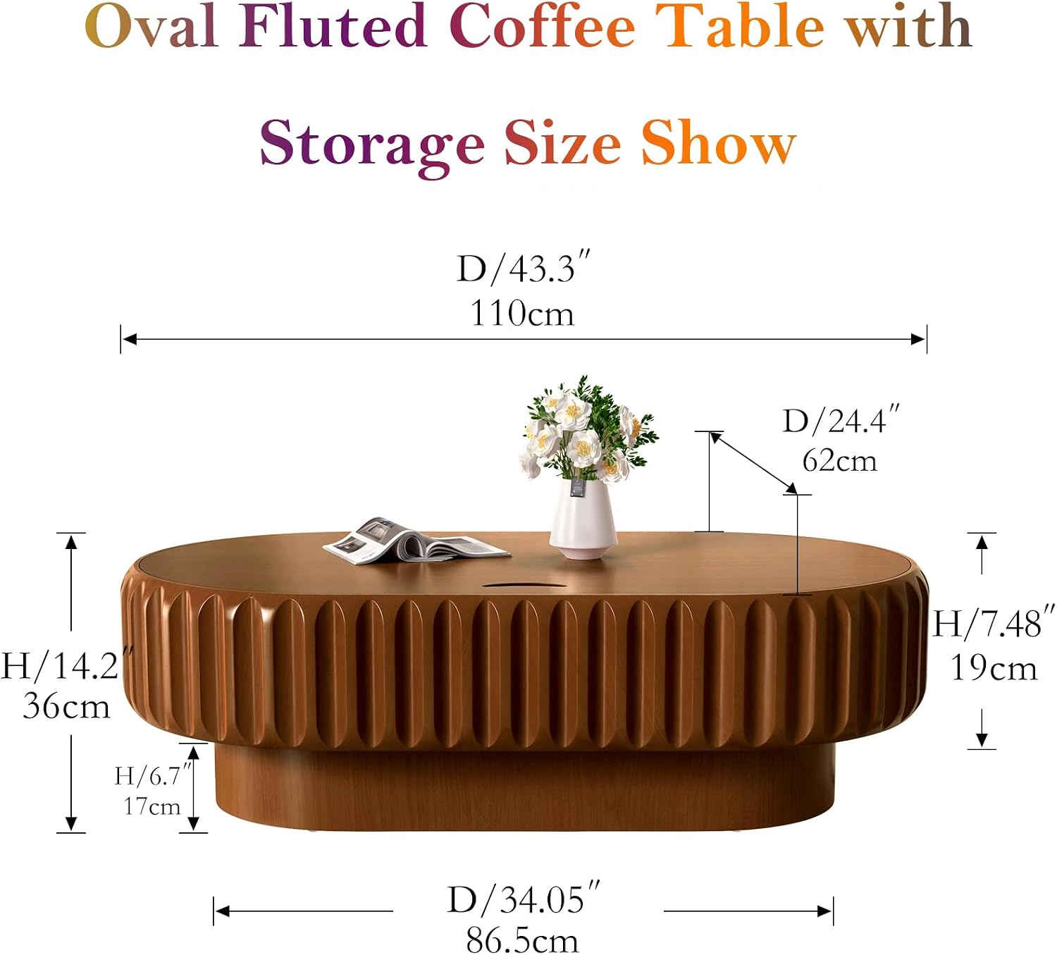 43.3' Oval Drum Coffee Table - Handcraft Solid Wood Edge Stripe Rustic Chic Fluted Tea Table with with Storage for Small Space Apartment (F 43.3in)