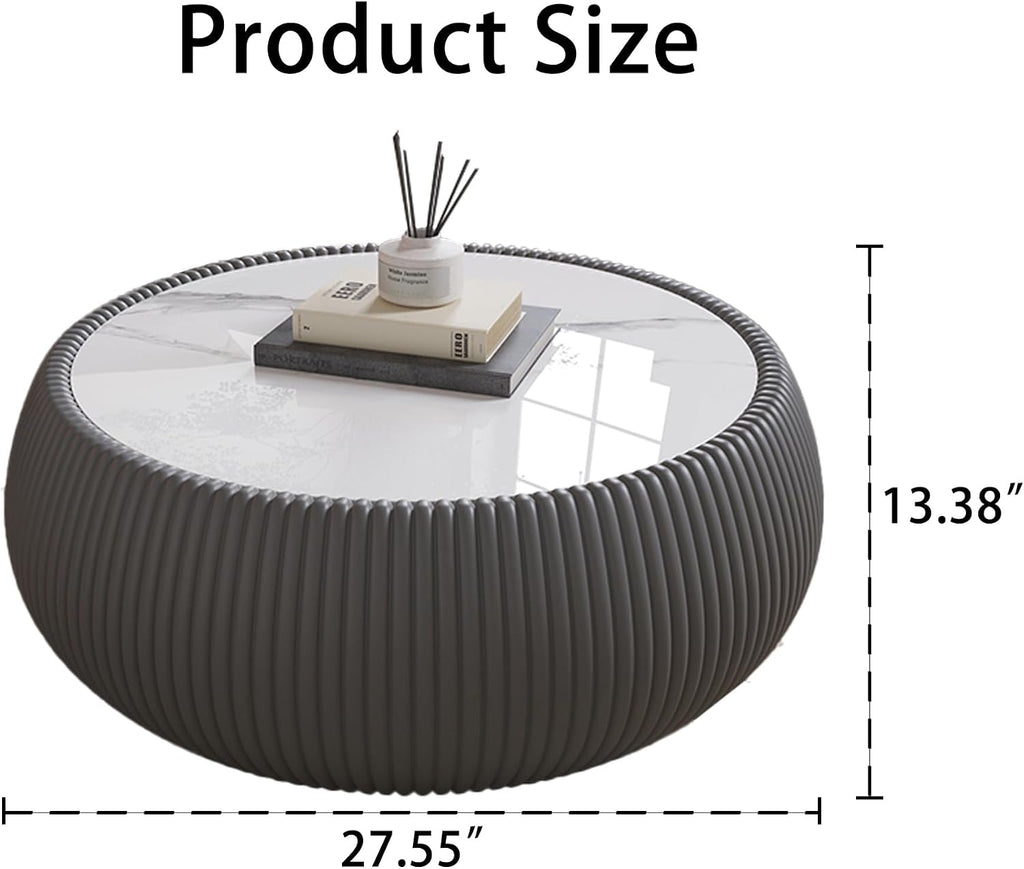 Modern Round Coffee Table Luxury Sintered Stone Top Coffee Table in Grey Leatherette Creative Drum-Shape Cocktail Center Table for Living Room Bedroom,Fully Assembled
