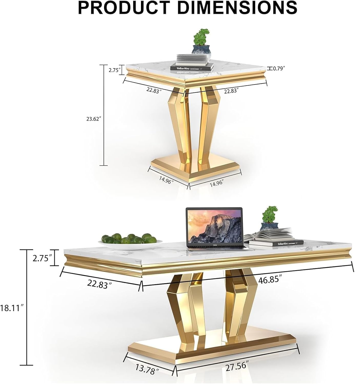 3 Piece Living Room Table Set, Modern Faux Marble Coffee Table and 2 End Tables Set for Living Room Apartment, Mirrored Stainless Steel Base, Imitation Marble Tabletop (White & Gold)
