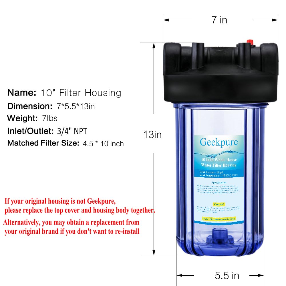 Geekpure 10-Inch Whole House Water Filter Housing 3/4' Port with Wrench and Bracket -4.5'x10'-Clear Pack of 4