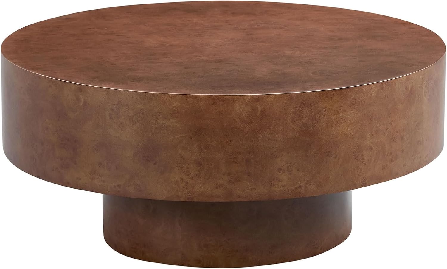 31.49'' Round Coffee Table Modern Wood Coffee Table for Living Room, Contemporary Circle Drum Pedestal Style, Faux Burl Wood Veneer Pattern, Easy Assembly, Walnut