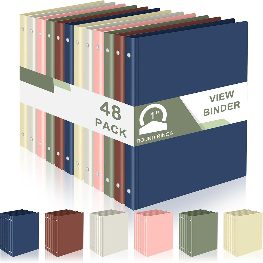 Fulmoon 48 Pack 3 Ring Plastic Binders 1 Inch Bulk with 2 Pockets, Flexible Binder Loose Leaf Hardcover, Fit 12' x 10' US Letter Size Paper, for School Office Home, 6 Colors(Boho)
