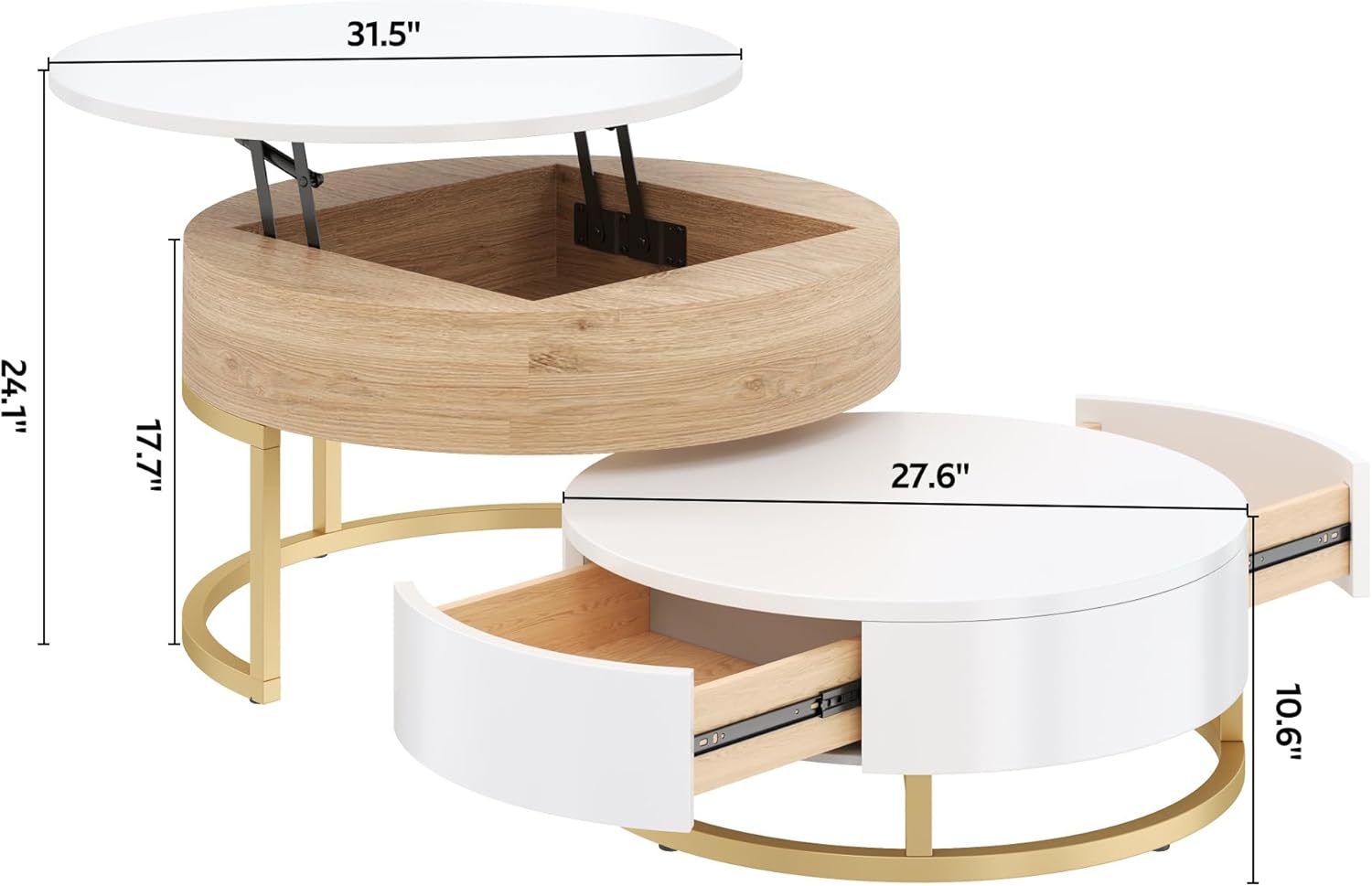 Round Lift-Top Nesting Coffee Table Set of 2, Modern Coffee Table with 2 Storage Drawers, Circular Wood Center Table Set for Living Room, Apartment, White & Oak