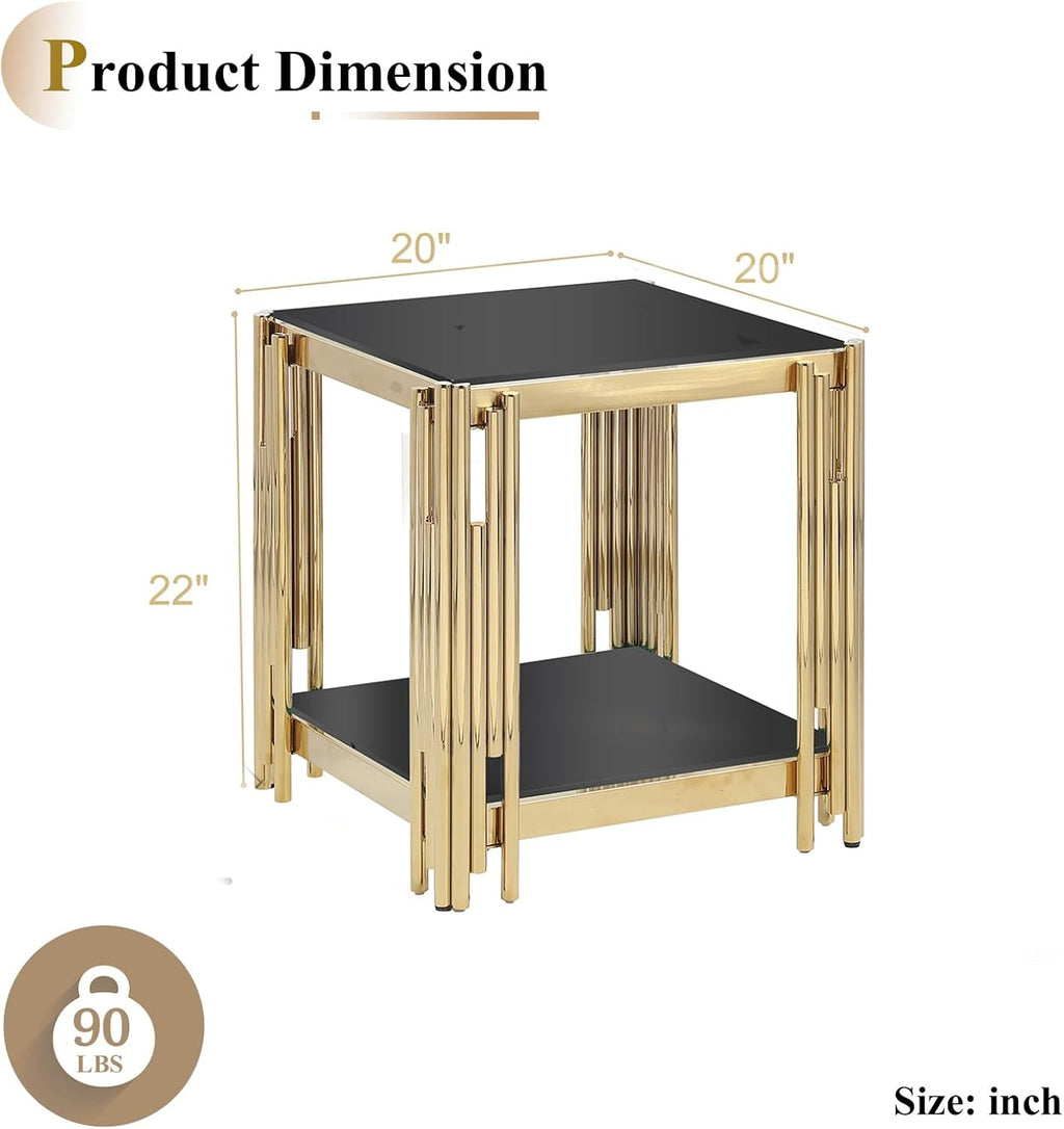 Modern Glass End Table, 20' Suqare Side Table with Gold Mirrored Stainless Steel Frame, 2-Tier Black Glass End Table Nightstand Pedestal Stand Lamp Table for Living Room, Bedroom, Office