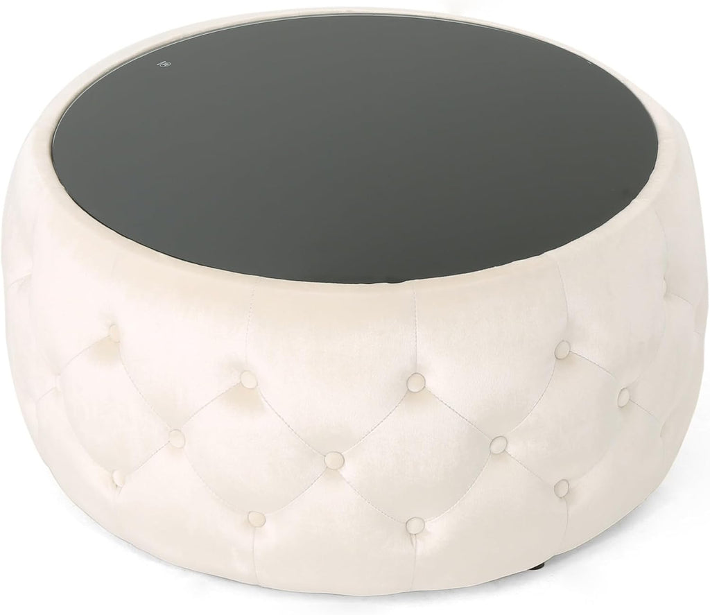 30' Round Velvet Ottoman Coffee Table, Button Tufted Coffee Table with Tempered Glass Top Modern Upholstered Tufted Velvet Cocktail Center Table for Living Room, Fully Assembled (Beige)