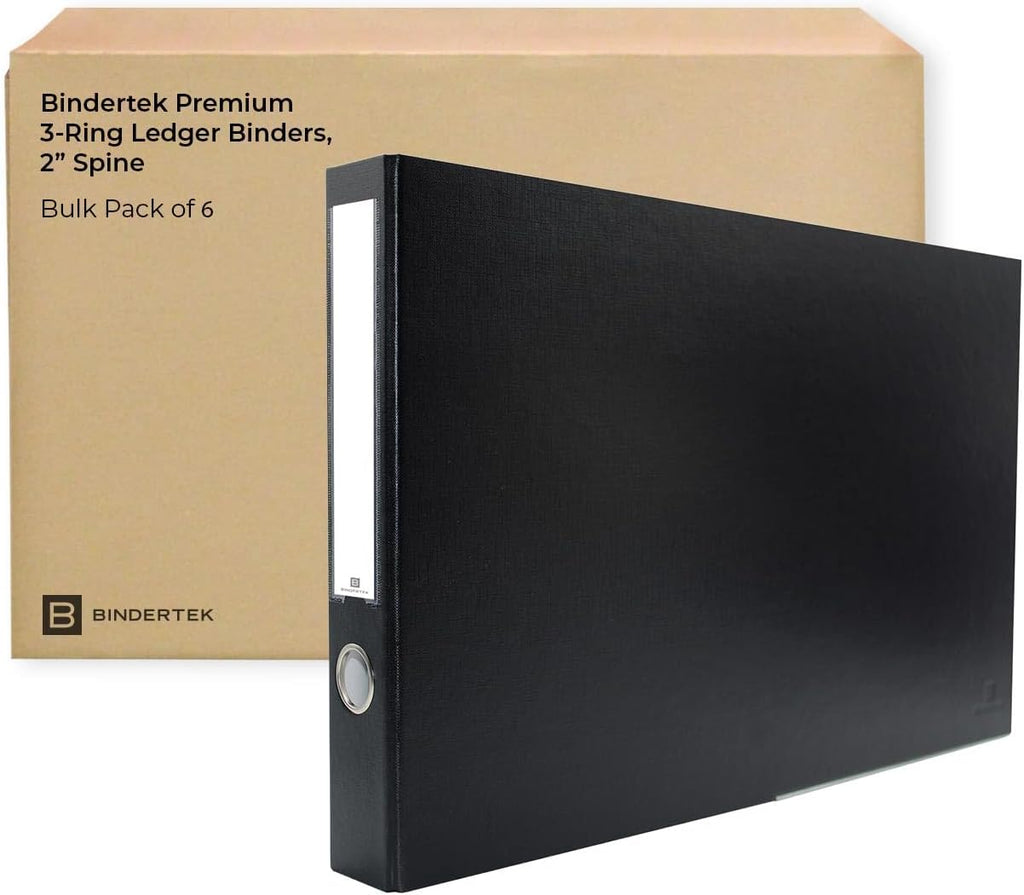 Bindertek 3-Ring Premium Ledger Binder for 11' x 17' Paper, Pack of 6 - Black, 2' Spine Width, 325 Sheet Capacity, 1.25' D-Rings, Linen-Textured Covers, Steel Reinforced Edges, Spine Label Included