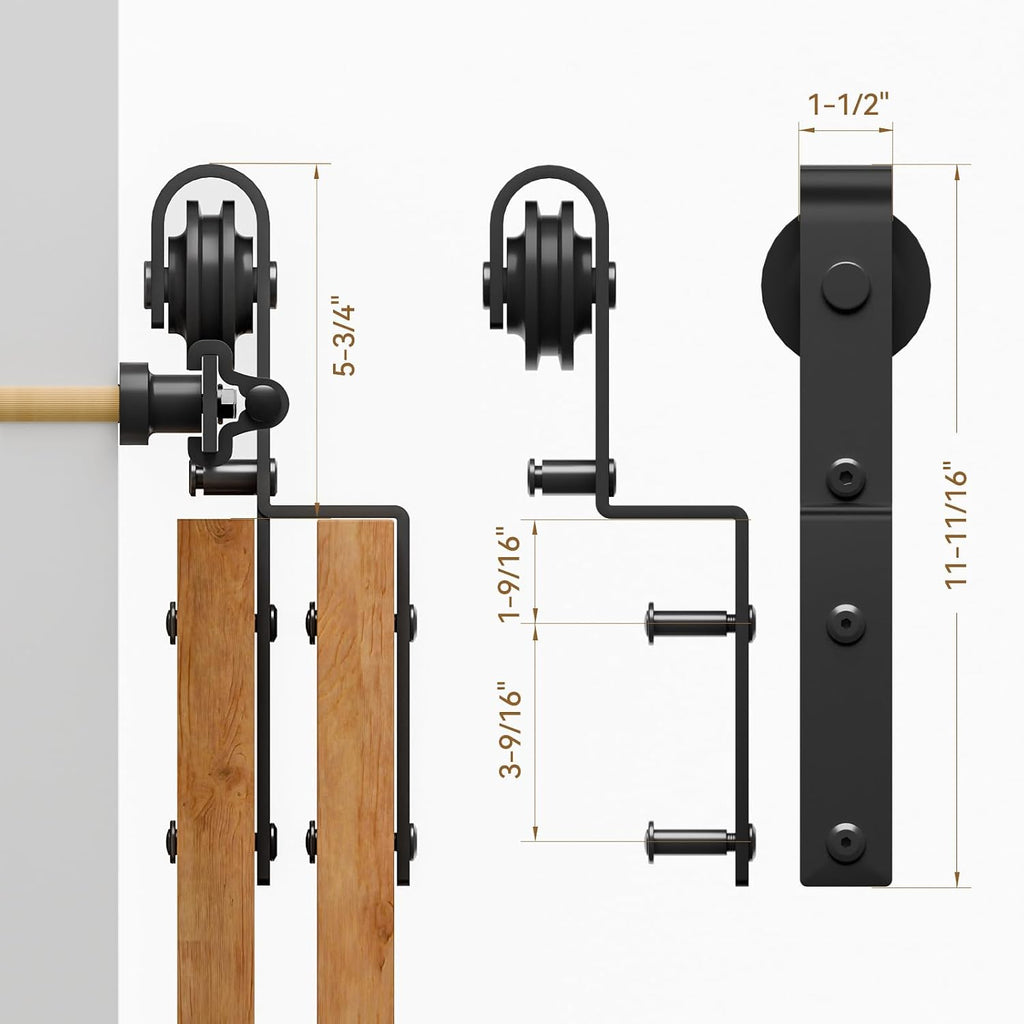 12 Feet Bypass Sliding Barn Door Hardware Kit for Double Wooden Doors-Single Track with Bypass Door Floor Guide