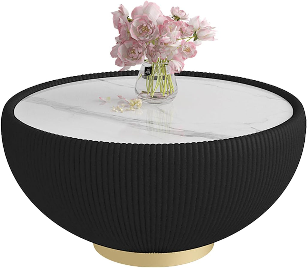 Modern Round Coffee Table, Drum Bowl Tea Table with Sintered Stone Tabletop, Fluted PU Leather Covered and Metal Base, Center Table for Living Room Home Office