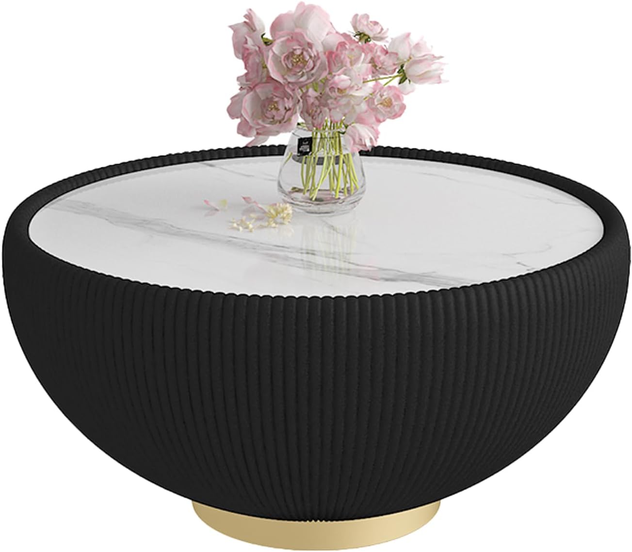 Modern Round Coffee Table, Drum Bowl Tea Table with Sintered Stone Tabletop, Fluted PU Leather Covered and Metal Base, Center Table for Living Room Home Office