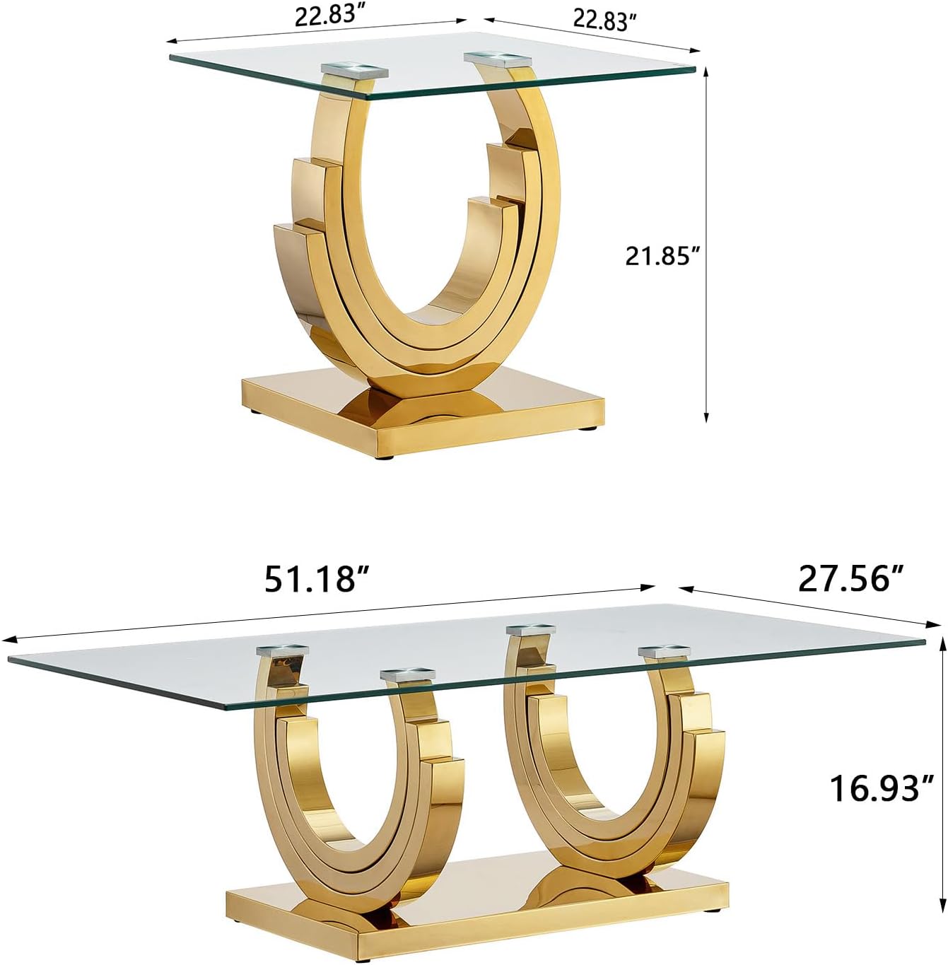 2 Pieces Living Room Table Set, Glass Coffee Table Set of 2, Modern Coffee Table and End Table with Three U-Shaped Stainless Steel Base for Living Room (Gold)